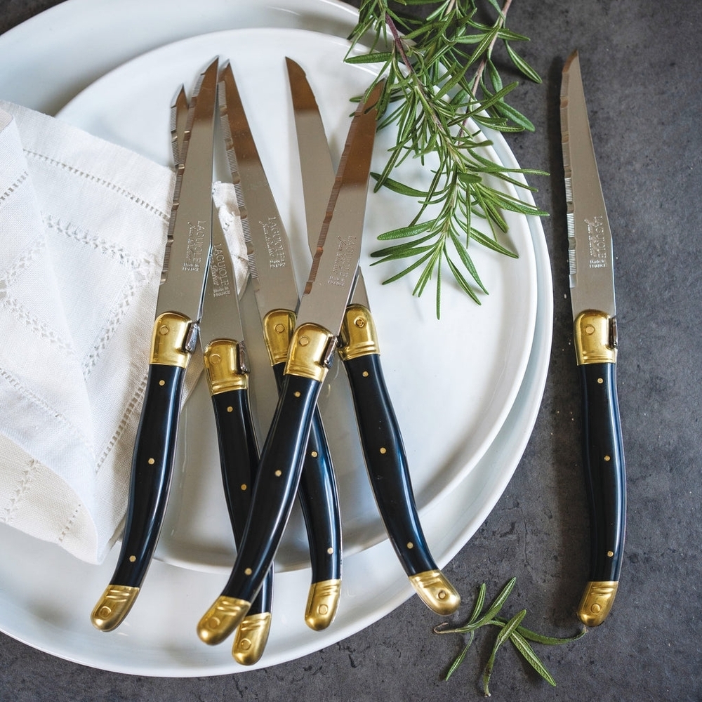 Laguiole Dubost VTG Silver & Gold🐝 Steak Knife Set 6 - Bee Emblem